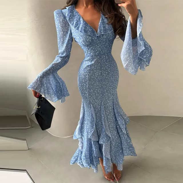 Chic Printed V-Neck Ruffle Bell Sleeve Maxi Dress for Women - Elegant Slim Fit Summer Vacation Robe showcase 6
