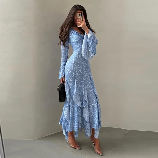 Chic Printed V-Neck Ruffle Bell Sleeve Maxi Dress for Women - Elegant Slim Fit Summer Vacation Robe showcase 8
