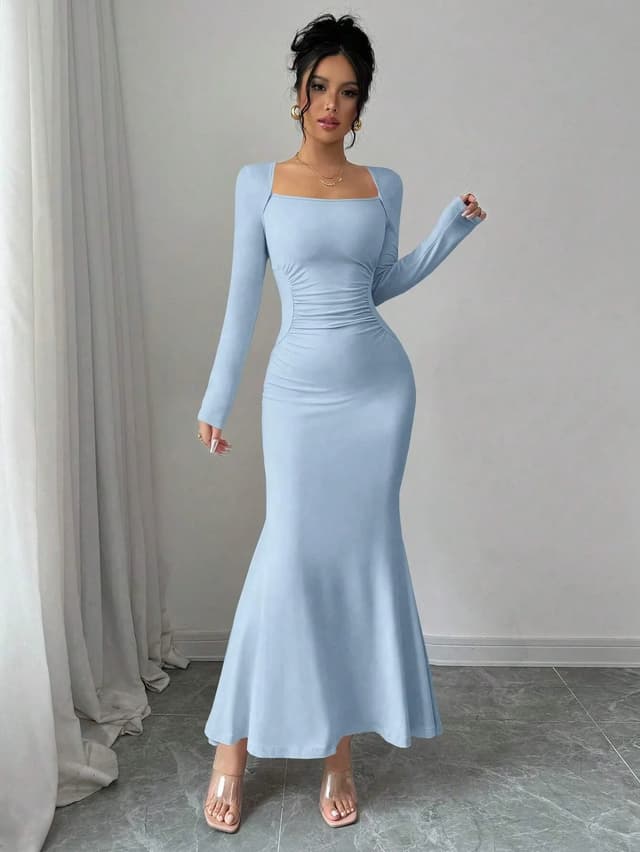 Elegant Long Sleeve Fish Tail Dress for Women - Slim Fit Sexy Ankle Gown, Quality Construction, Fashionable Square Neckline, Perfect for Special Occasions showcase 3