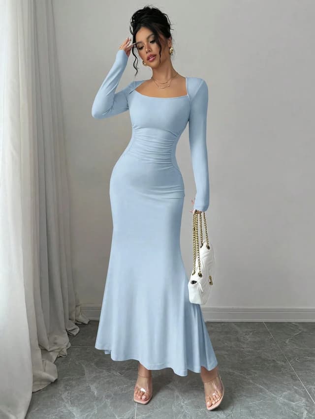 Elegant Long Sleeve Fish Tail Dress for Women - Slim Fit Sexy Ankle Gown, Quality Construction, Fashionable Square Neckline, Perfect for Special Occasions showcase 6