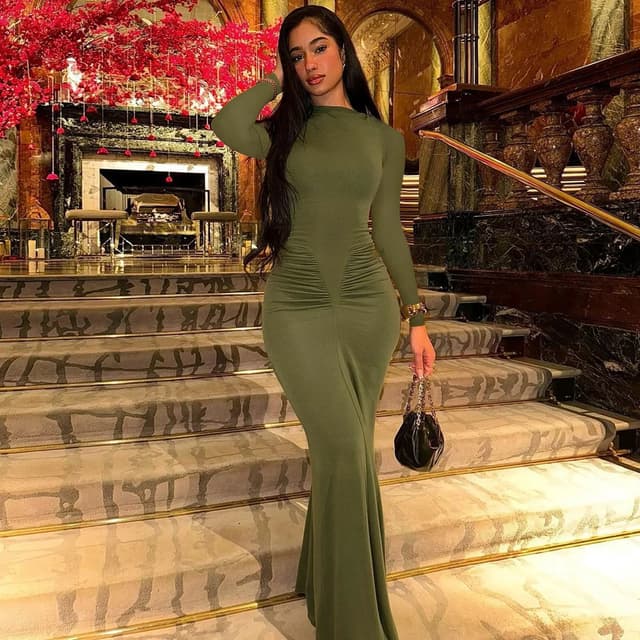 Hugcitar Women's Autumn Solid Long Sleeve Draped Bodycon Maxi Dress - Sexy Y2K Fashion for Evening Party, Festival, Club Outfits showcase 17