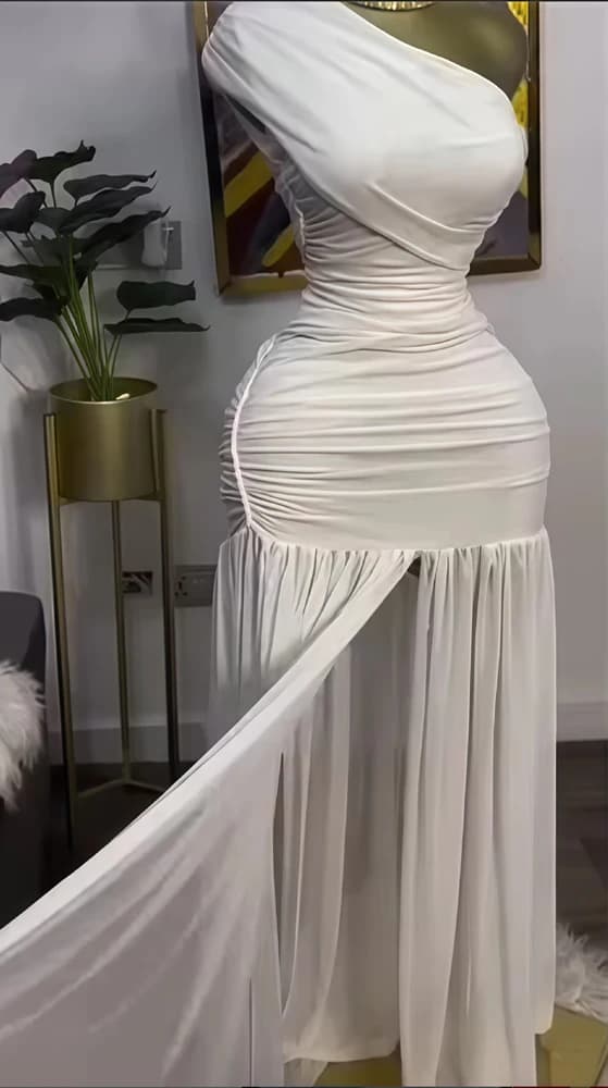 Elegant Women's Maxi Dress: Sexy Off-Shoulder One-Sleeve Mesh Slit Design for Parties, Holidays, and Club Nights showcase 6