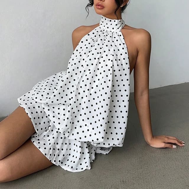 French Style Solid Color Halter Neck Mini Dress for Women - Sleeveless, Off-Shoulder, Backless A-Line Design for Beach Vacation & Parties showcase 9