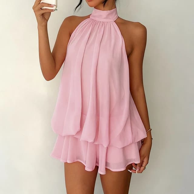 French Style Solid Color Halter Neck Mini Dress for Women - Sleeveless, Off-Shoulder, Backless A-Line Design for Beach Vacation & Parties showcase 15