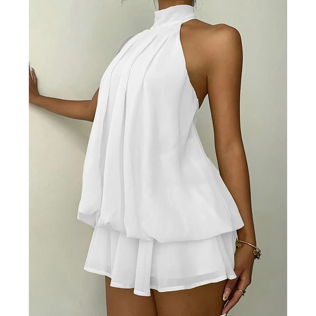 French Style Solid Color Halter Neck Mini Dress for Women - Sleeveless, Off-Shoulder, Backless A-Line Design for Beach Vacation & Parties showcase 8