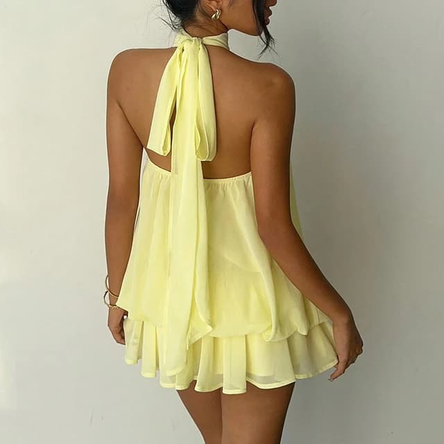 French Style Solid Color Halter Neck Mini Dress for Women - Sleeveless, Off-Shoulder, Backless A-Line Design for Beach Vacation & Parties showcase 14