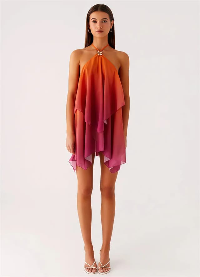 Mozision Women's Gradient Halter Backless Mini Dress - Sexy Mesh Zipper Off-Shoulder Sleeveless Club Party Gown showcase 10