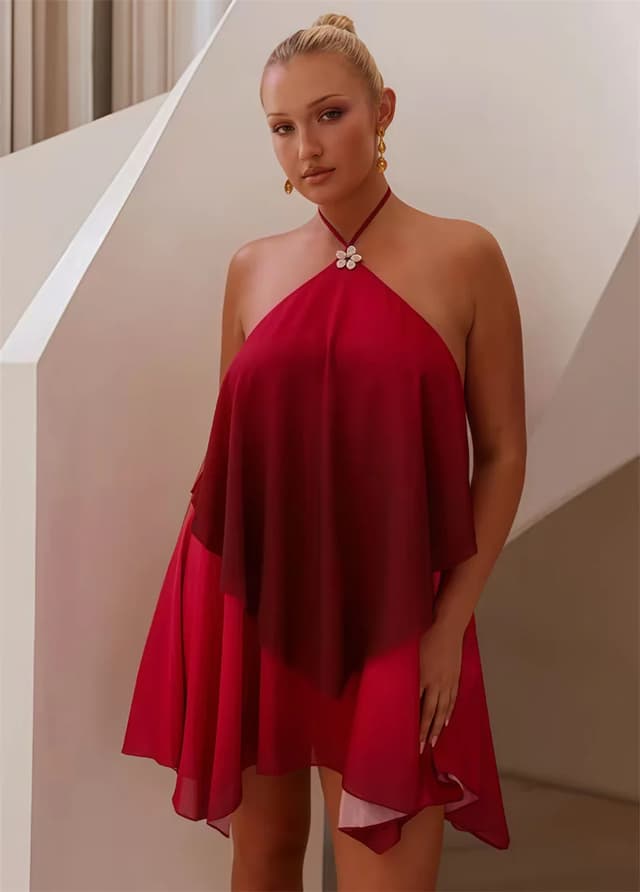 Mozision Women's Gradient Halter Backless Mini Dress - Sexy Mesh Zipper Off-Shoulder Sleeveless Club Party Gown showcase 16