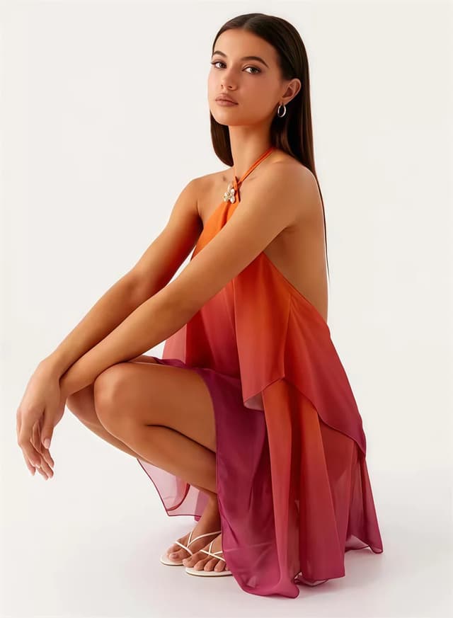 Mozision Women's Gradient Halter Backless Mini Dress - Sexy Mesh Zipper Off-Shoulder Sleeveless Club Party Gown showcase 9