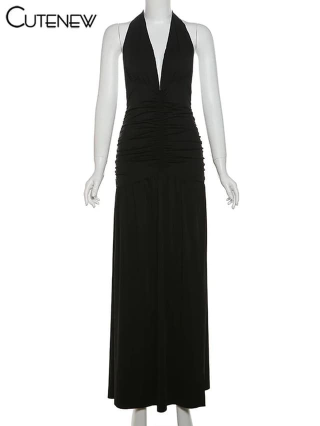 Nibber Elegant Women's Long Dress Solid Color Halter V-Neck Backless Shirring Side Split Vestidos Female High Street New Robe for Parties and Evening Events showcase 2