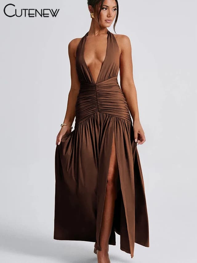 Nibber Elegant Women's Long Dress Solid Color Halter V-Neck Backless Shirring Side Split Vestidos Female High Street New Robe for Parties and Evening Events showcase 10