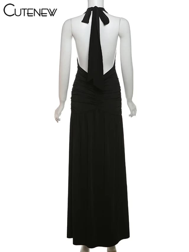 Nibber Elegant Women's Long Dress Solid Color Halter V-Neck Backless Shirring Side Split Vestidos Female High Street New Robe for Parties and Evening Events showcase 4