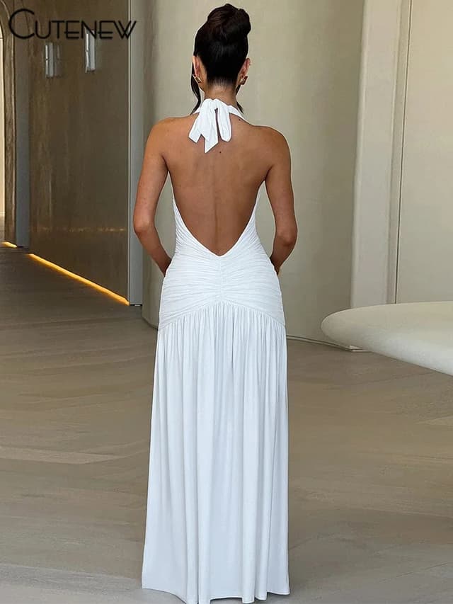 Nibber Elegant Women's Long Dress Solid Color Halter V-Neck Backless Shirring Side Split Vestidos Female High Street New Robe for Parties and Evening Events showcase 19