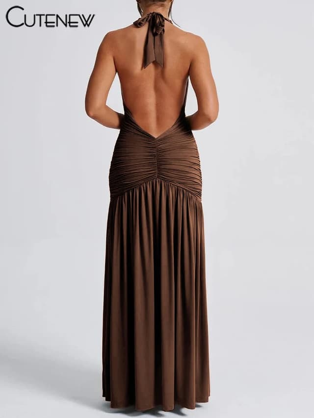 Nibber Elegant Women's Long Dress Solid Color Halter V-Neck Backless Shirring Side Split Vestidos Female High Street New Robe for Parties and Evening Events showcase 11