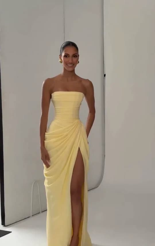 Women's Sexy Solid Pleated Strapless Off-Shoulder Backless High Waist Split Evening Party Gown Dress showcase 7