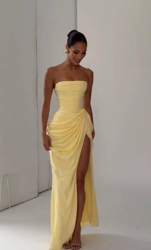 Women's Sexy Solid Pleated Strapless Off-Shoulder Backless High Waist Split Evening Party Gown Dress showcase 8