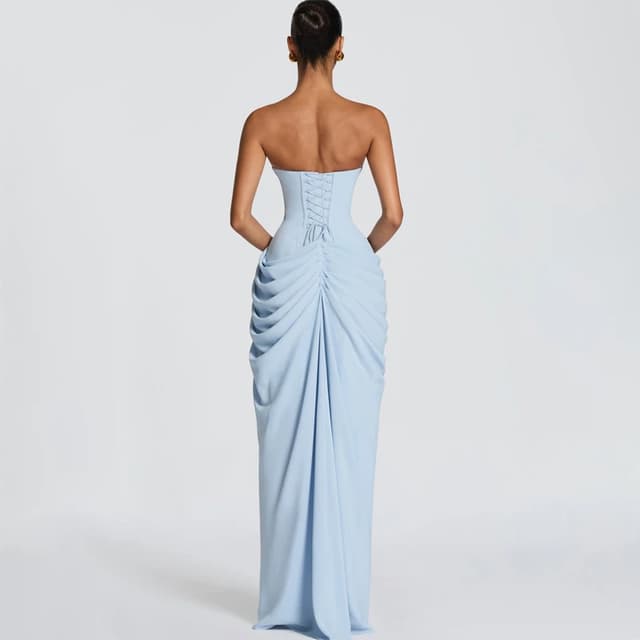 Women's Sexy Solid Pleated Strapless Off-Shoulder Backless High Waist Split Evening Party Gown Dress showcase 17