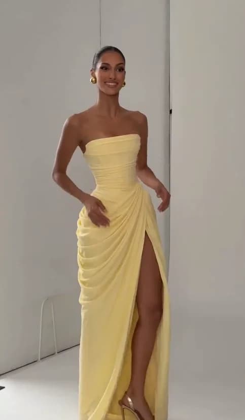 Women's Sexy Solid Pleated Strapless Off-Shoulder Backless High Waist Split Evening Party Gown Dress showcase 6