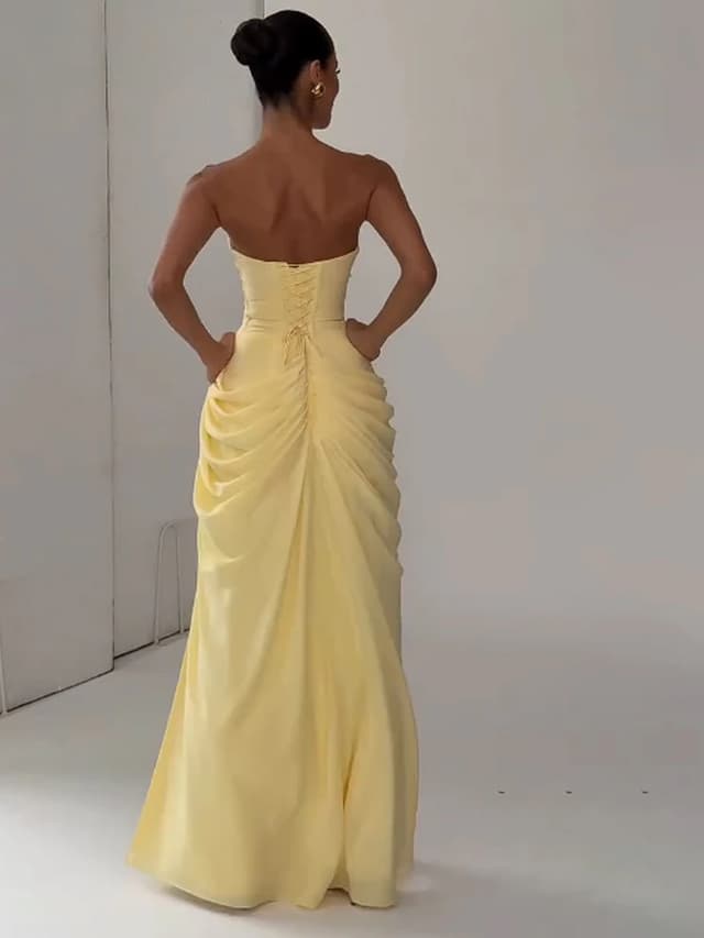 Women's Sexy Solid Pleated Strapless Off-Shoulder Backless High Waist Split Evening Party Gown Dress showcase 10