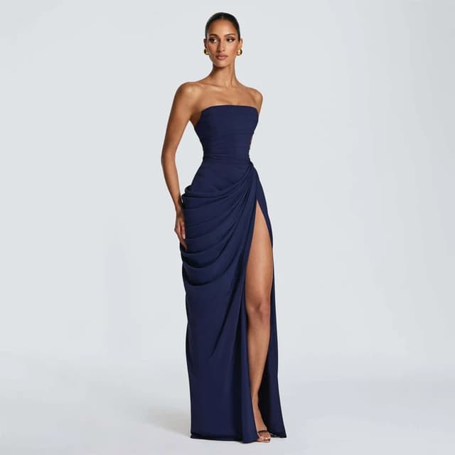 Women's Sexy Solid Pleated Strapless Off-Shoulder Backless High Waist Split Evening Party Gown Dress showcase 13