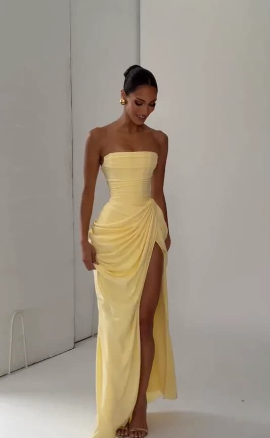 Women's Sexy Solid Pleated Strapless Off-Shoulder Backless High Waist Split Evening Party Gown Dress showcase 5