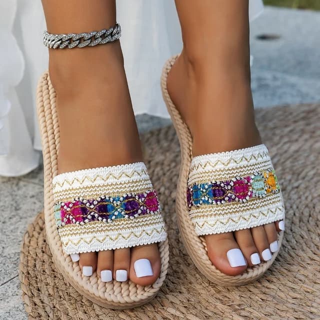Bohemian Ethnic Style Women's Flat Sandals - Designer Tassel Beach Slippers Slides for Outdoor Casual Wear showcase 1