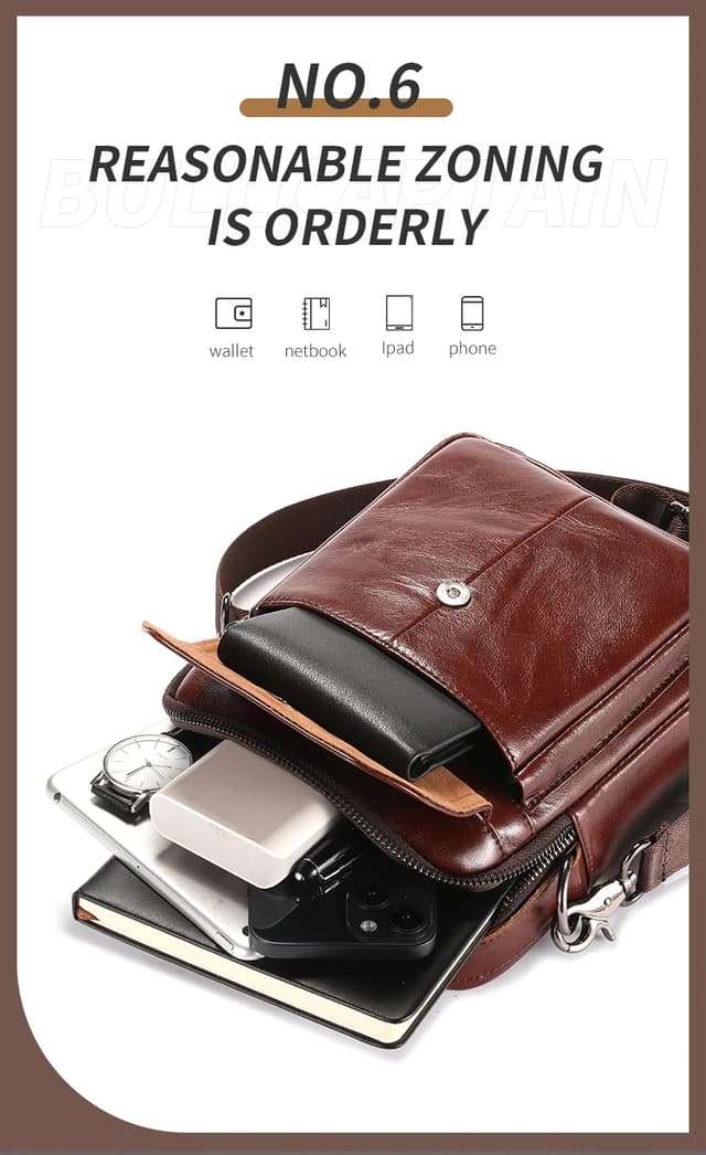 BULLCAPTAIN Men's Genuine Leather Shoulder Bag, Retro Casual Crossbody Messenger Bag, Multifunctional 7.9-inch Tablet Handbag, Durable Cowhide for Daily Use showcase 8