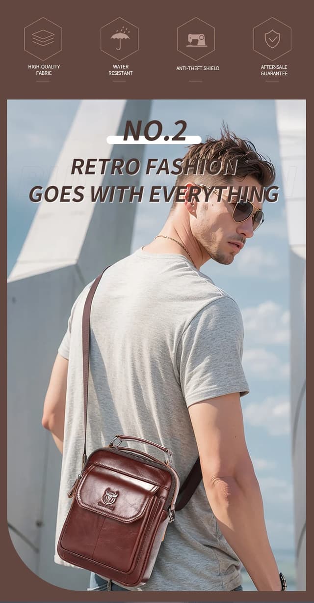 BULLCAPTAIN Men's Genuine Leather Shoulder Bag, Retro Casual Crossbody Messenger Bag, Multifunctional 7.9-inch Tablet Handbag, Durable Cowhide for Daily Use showcase 4