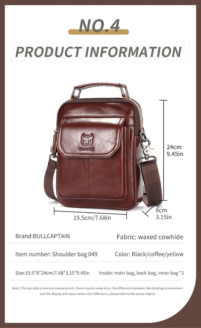 BULLCAPTAIN Men's Genuine Leather Shoulder Bag, Retro Casual Crossbody Messenger Bag, Multifunctional 7.9-inch Tablet Handbag, Durable Cowhide for Daily Use showcase 6