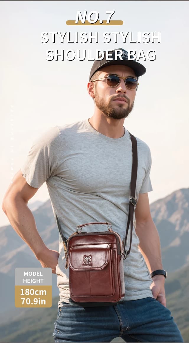 BULLCAPTAIN Men's Genuine Leather Shoulder Bag, Retro Casual Crossbody Messenger Bag, Multifunctional 7.9-inch Tablet Handbag, Durable Cowhide for Daily Use showcase 9
