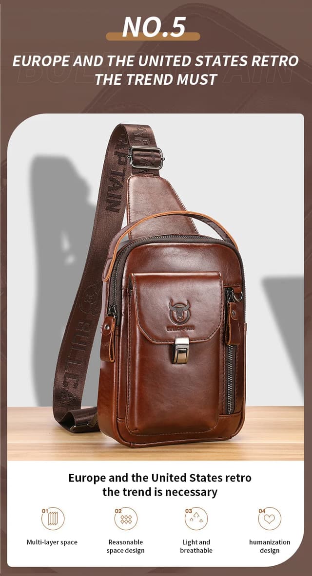 BULLCAPTAIN Men's Genuine Leather Chest Bag - Casual Retro Crossbody Sling Pack for 7.9" Phone, Anti-Theft Design, Ideal for Travel and Daily Use showcase 7