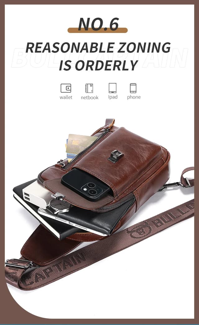 BULLCAPTAIN Men's Genuine Leather Chest Bag - Casual Retro Crossbody Sling Pack for 7.9" Phone, Anti-Theft Design, Ideal for Travel and Daily Use showcase 8