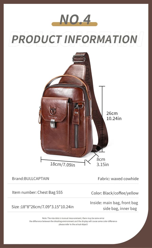 BULLCAPTAIN Men's Genuine Leather Chest Bag - Casual Retro Crossbody Sling Pack for 7.9" Phone, Anti-Theft Design, Ideal for Travel and Daily Use showcase 6