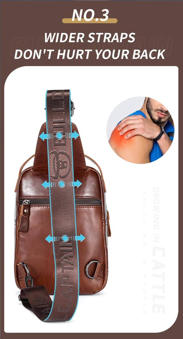 BULLCAPTAIN Men's Genuine Leather Chest Bag - Casual Retro Crossbody Sling Pack for 7.9" Phone, Anti-Theft Design, Ideal for Travel and Daily Use showcase 5