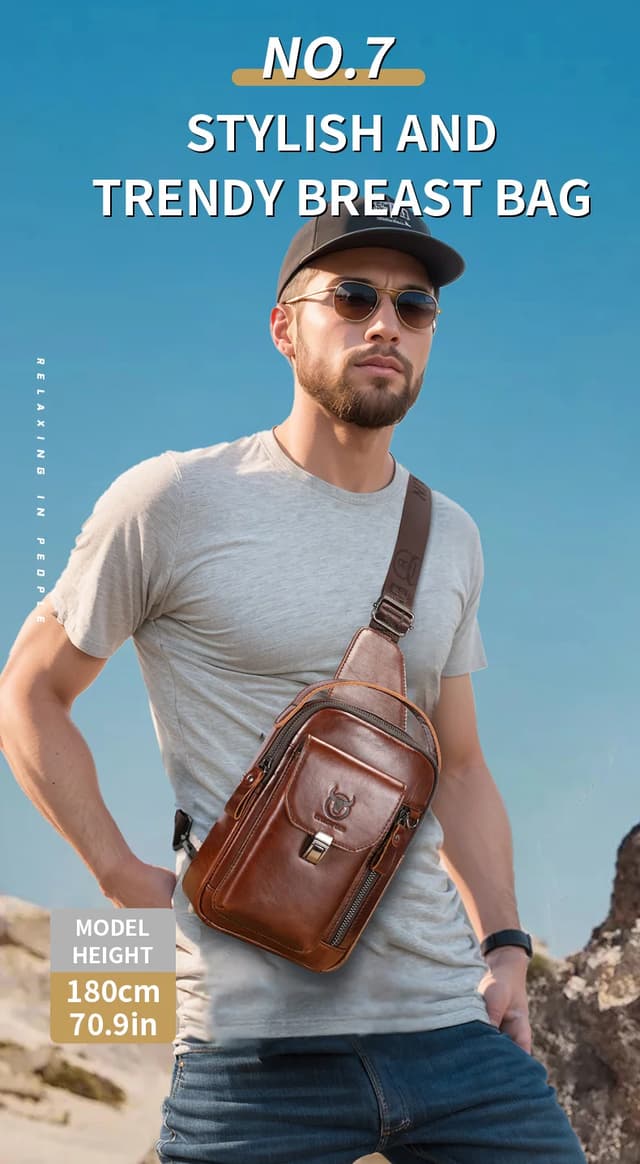BULLCAPTAIN Men's Genuine Leather Chest Bag - Casual Retro Crossbody Sling Pack for 7.9" Phone, Anti-Theft Design, Ideal for Travel and Daily Use showcase 9