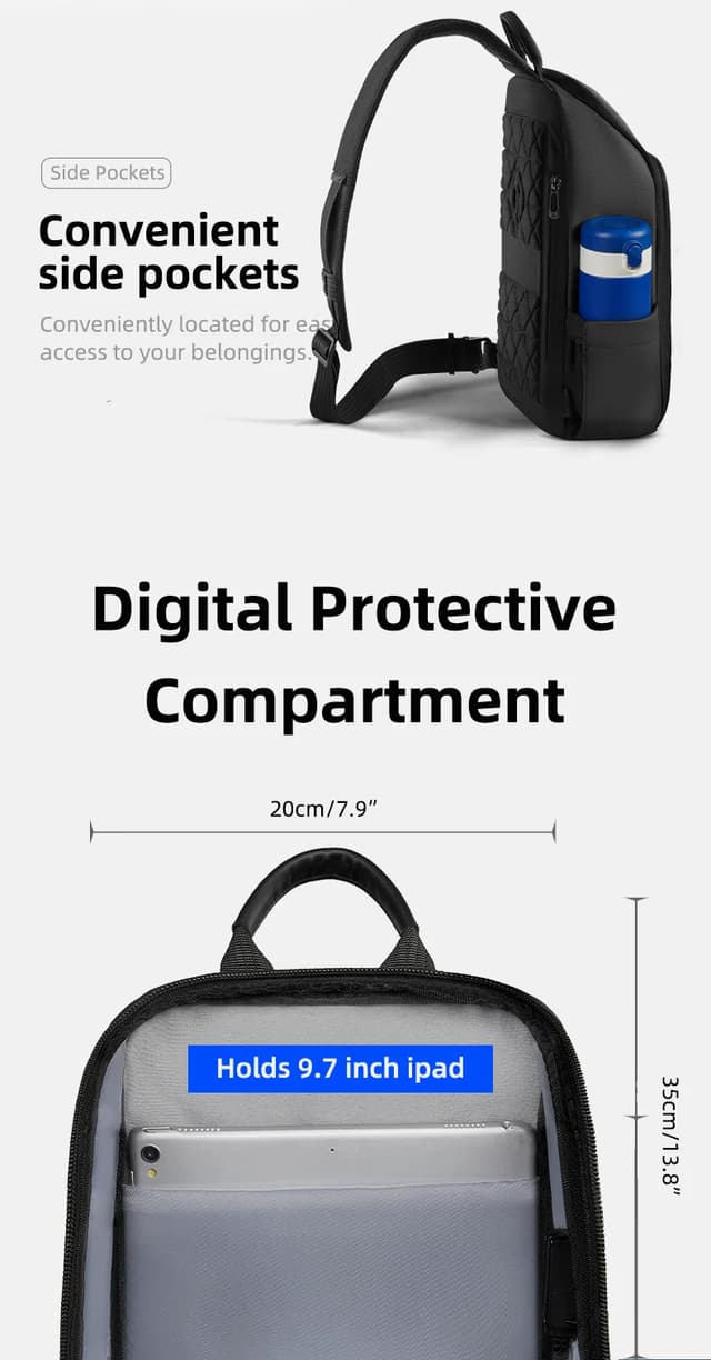 HcanKcan Men's Fashion Crossbody Bag - Waterproof USB Shoulder Sling Chest Pack for Travel & Sport, Fits 9.7" iPad showcase 11
