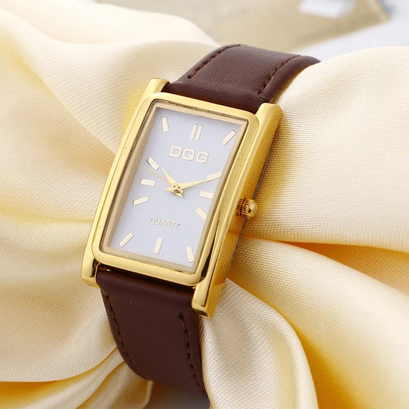 DQG Luxury Women's Rectangle Quartz Watch - Gold Dial Leather Strap Dress Watch for Business & Casual Wear showcase 3