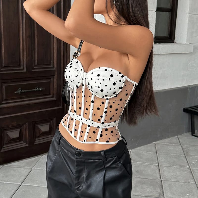 Sexy Y2K Polka Dot Sheer Bustier Crop Top - Lace-Up Corset Boned Waist Sleeveless Summer Clubbing Fashion (Black/White/Pink) showcase 4