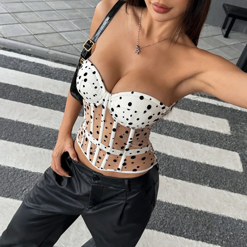 Sexy Y2K Polka Dot Sheer Bustier Crop Top - Lace-Up Corset Boned Waist Sleeveless Summer Clubbing Fashion (Black/White/Pink) showcase 2