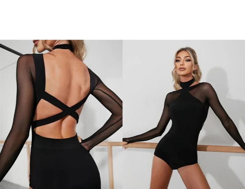 Women's Black Mesh Latin Dance Leotard Top with Conjoined Jumpsuit Design, Backless Style for Cha-cha, Samba, Rumba Training and Performance showcase 2