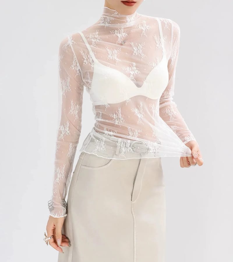 Sexy Women's Sheer Mesh Long Sleeve Crop Top with Lace Detail - See-Through O-Neck Blouse for Fashionable Outings showcase 3