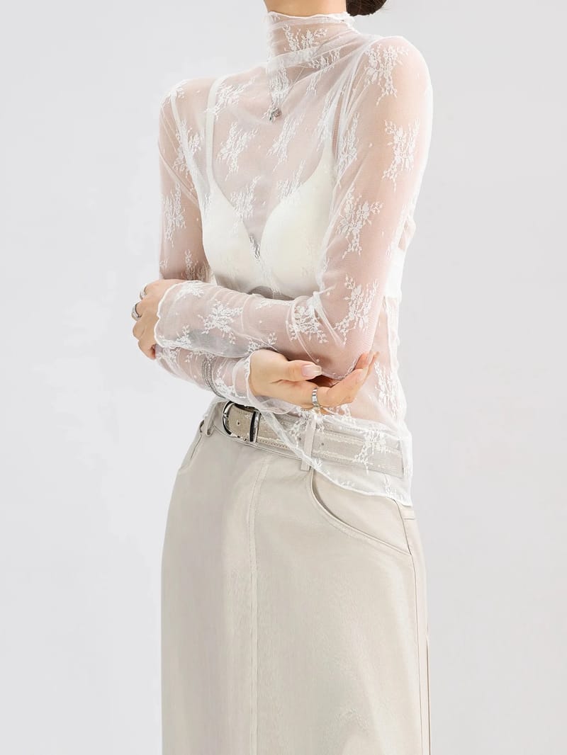 Sexy Women's Sheer Mesh Long Sleeve Crop Top with Lace Detail - See-Through O-Neck Blouse for Fashionable Outings showcase 4