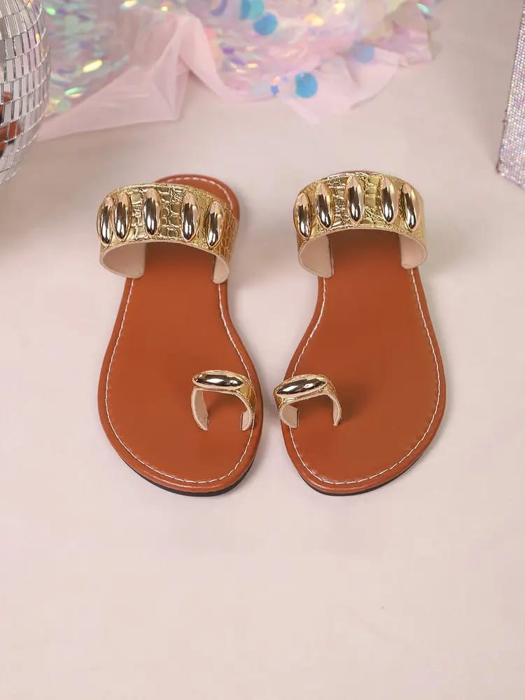 Bohemian Gold Embellished Flat Sandals Women's Casual Toe Ring Croc Strap Flip Flops for Summer Beach Wear showcase 1