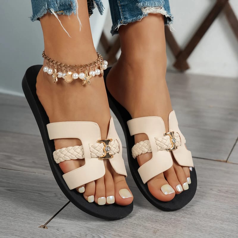 Women's Braided Strap Flat Sandals with Gold Rhinestone Buckle - Comfortable & Chic Daily Wear Shoes for Shopping & Outings showcase 5