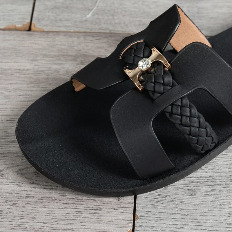 Women's Braided Strap Flat Sandals with Gold Rhinestone Buckle - Comfortable & Chic Daily Wear Shoes for Shopping & Outings showcase 2