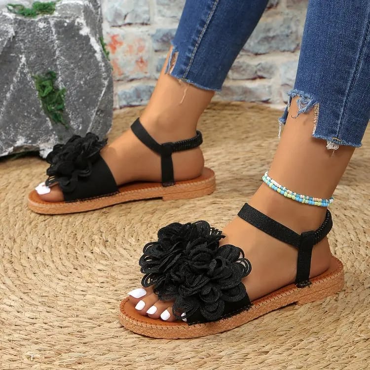 Women's White Floral Flat Sandals - Bohemian Summer Beach Casual Shoes with Elastic Ankle Strap, Open Toe Comfort Footwear for Ladies showcase 2