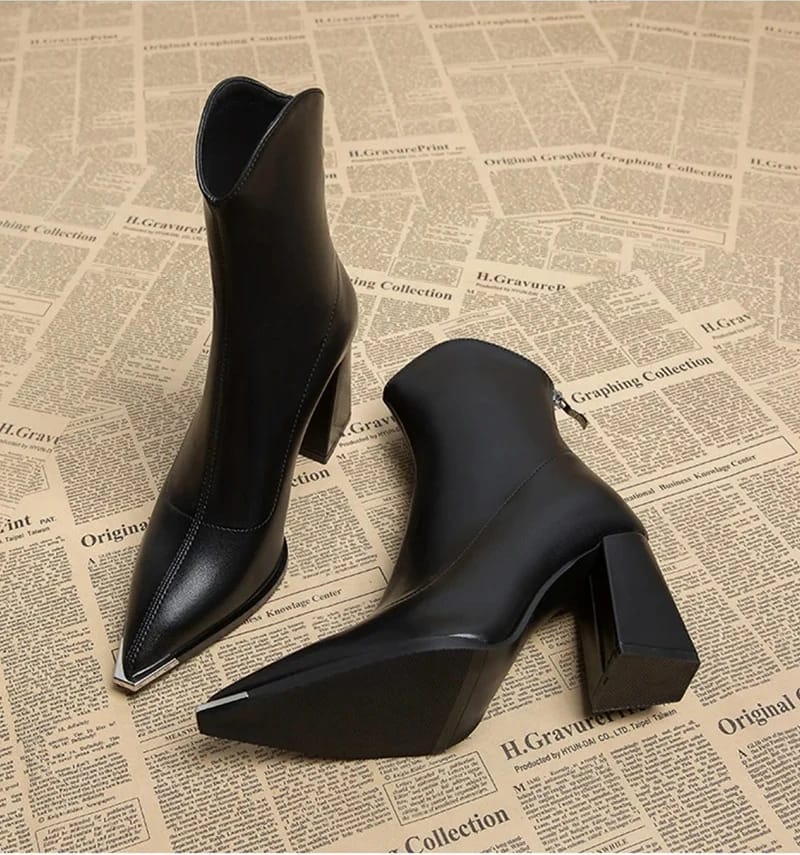 Elegant Women's Pointed Toe Ankle Boots - Fashion Square High Heel with Back Zipper, Chic Winter Footwear for Ladies showcase 3