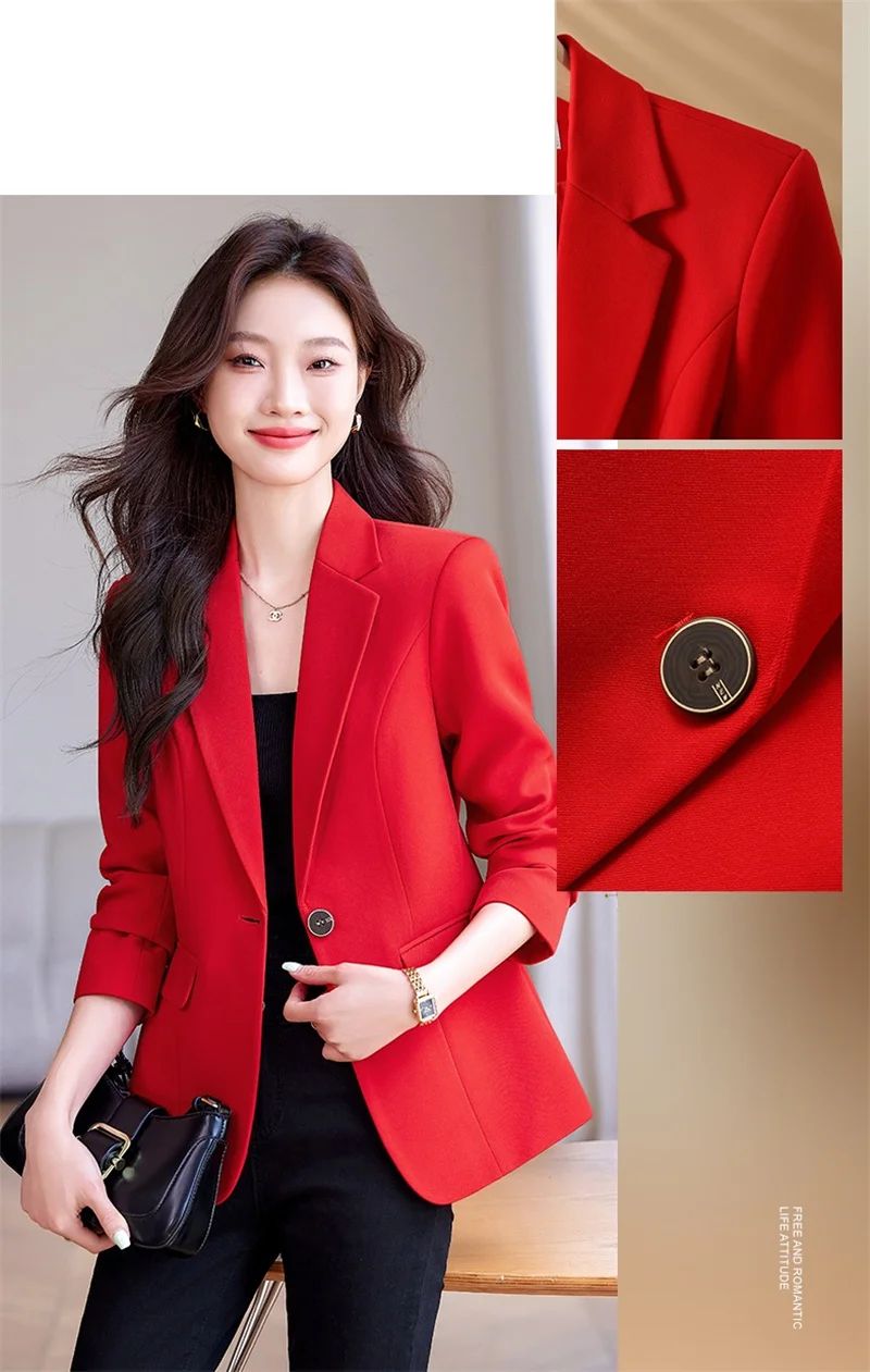 Women's Slim Fit Single Button Blazer Jacket - Elegant Red, Black, White Casual Office Coat for Autumn/Winter Fashion 2024 showcase 3
