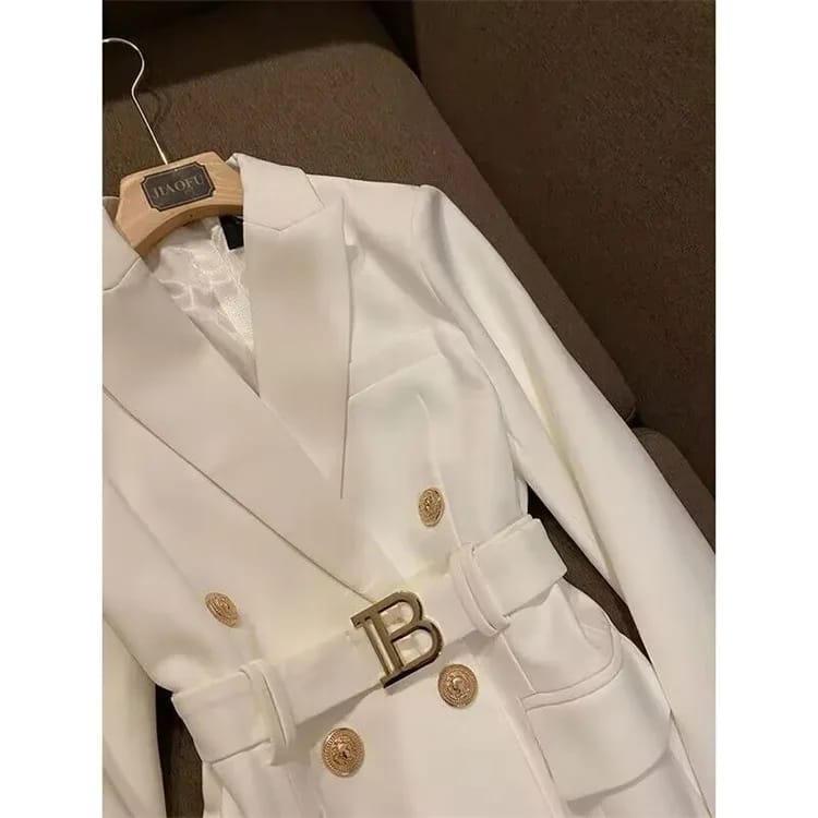 Elegant Women's Double Breasted Long Coat - British Style Suit Collar Windbreaker for Spring Commuting, Polyester, 50-65cm Length showcase 3