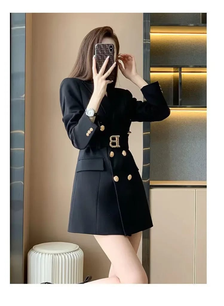 Korean Style Slimming Women's Double-Breasted Blazer Jacket - Polyester Casual Slim Fit Waist-Cinched Spring Autumn Outerwear showcase 2